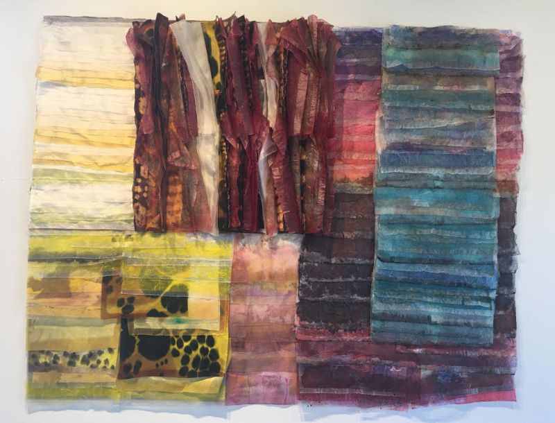 Catherine Hall: Untitled, 2015, Gauze paper, beeswax, fabric dye on paper, 36” x 42” x 3” 